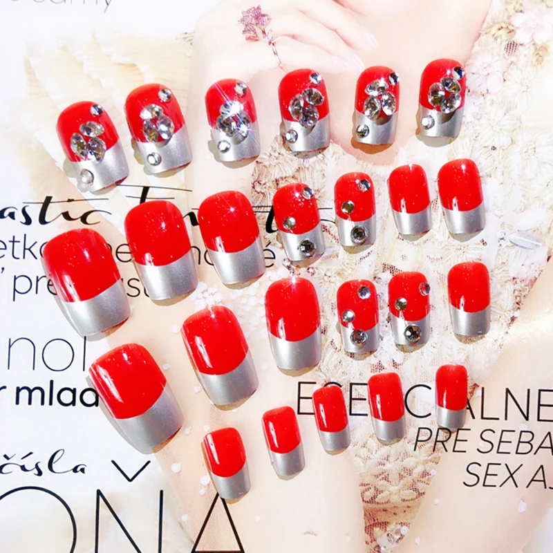 24pcs Full Cover Red Finger Artificial Fake Nails With 2g Glue Summer Style Beauty Women Nail Finger False Nails Rhinestone