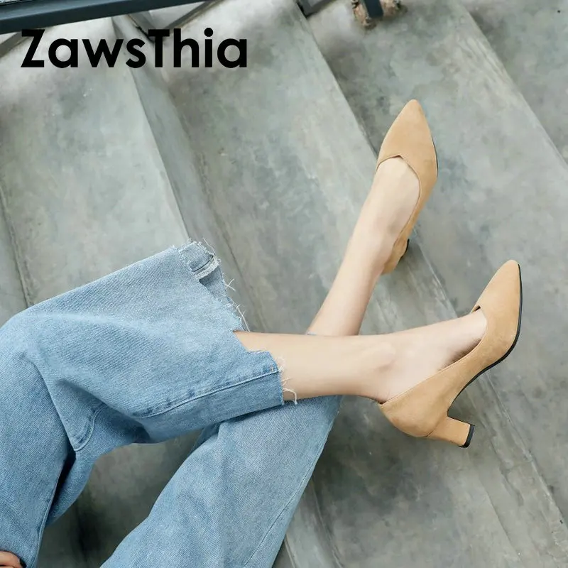 

ZawsThia 2019 faux suede sexy v cut shallow single shoes for woman square med heels classic slip-o women office pumps stilettos