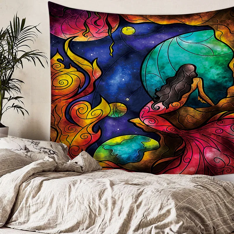 Мультфильм фон Русалочка гобелен настенный красочный богемский Trippy из ткани