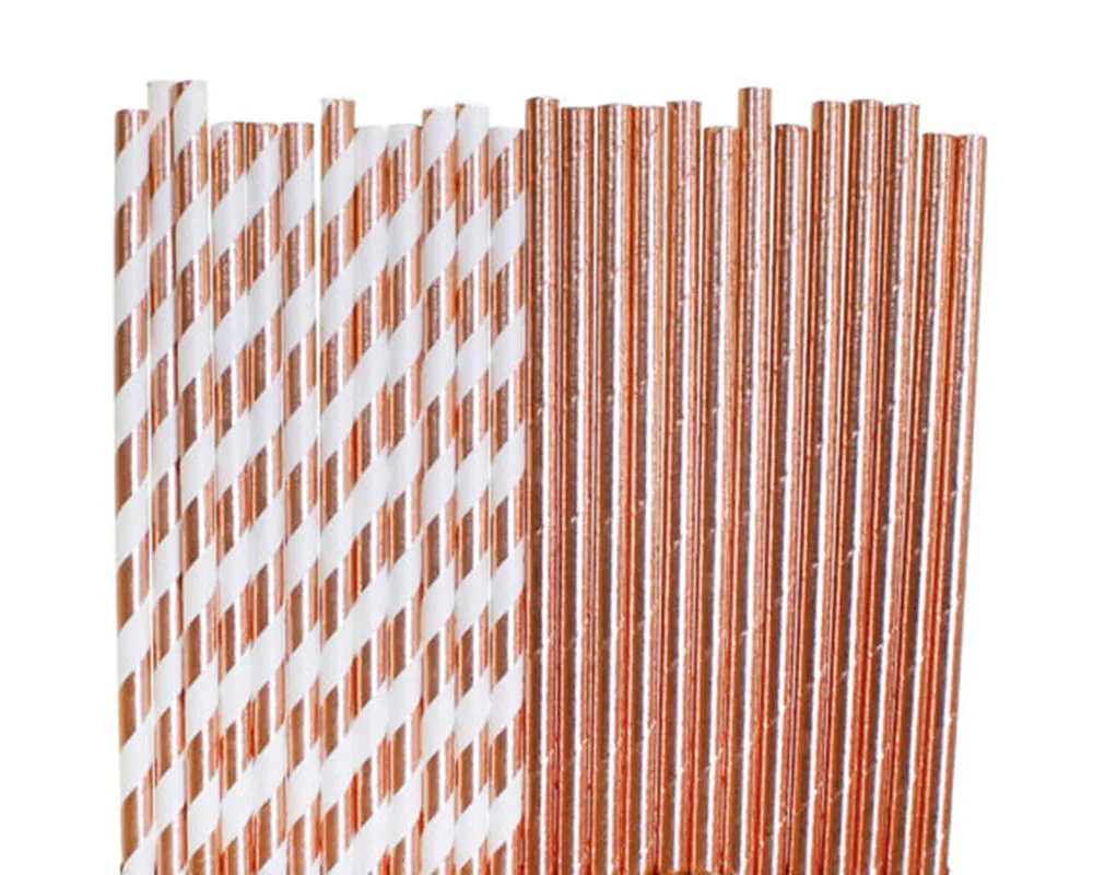 

50pcs Rose Gold Foil Paper Straws Bulk, Vintage Solid Color Metallic Gold Paper Drinking Straws for Holiday Party Wedding
