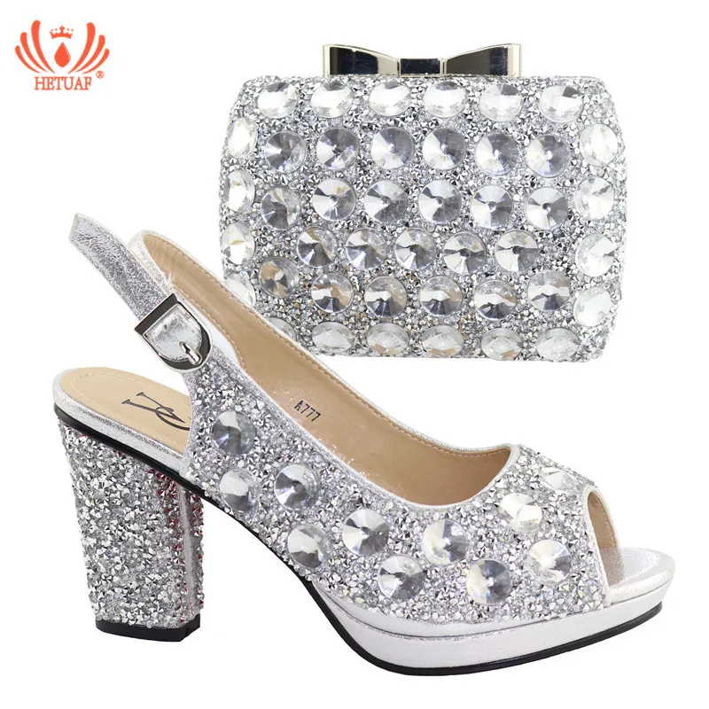 

New Arrival Silver Color Fashion Party Shoes And Clutch Bags To Match Set African Spring High Heels Slippers for Wedding Party