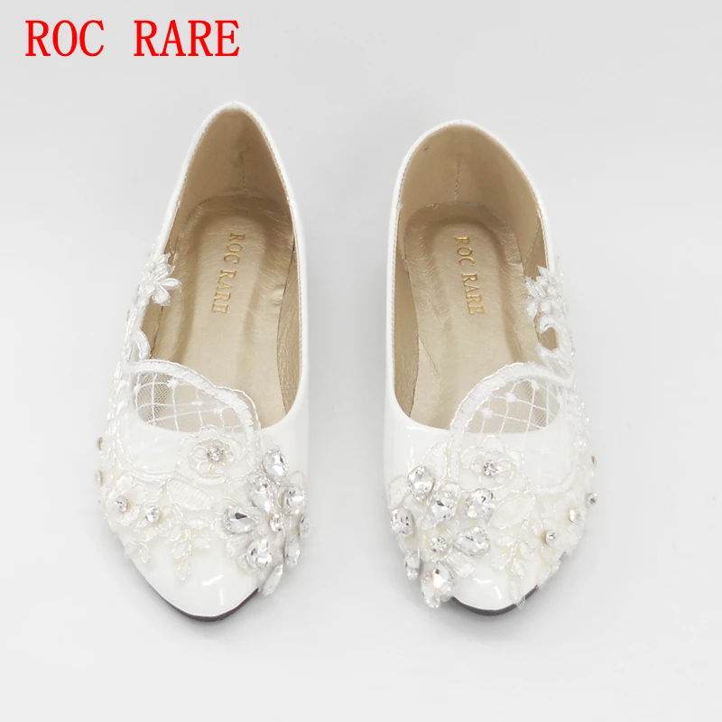 

ROC RARE Silver Rhinestones White Lace Women Wedding Shoes Flat Heels Pointed Toes Lace Party Shoes Custom Women Shoes