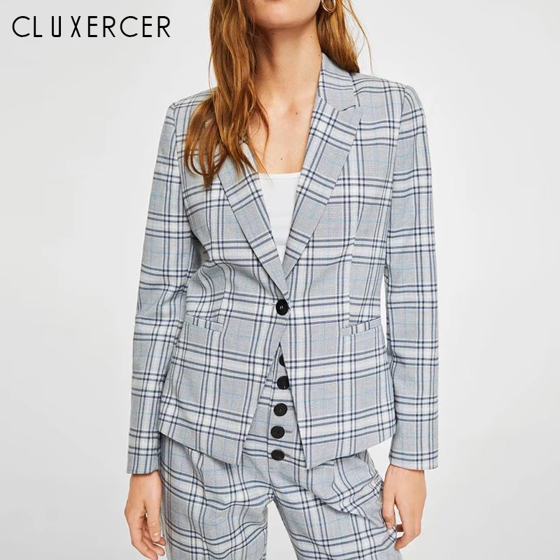 2018 New Autumn Women Gray Plaid Office Lady Blazer