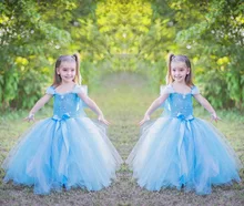 New Hot Sale 2016 Kids Fairy Blue Angel Princess Ball Gown Dress Cute Girls Birthday Halloween Christmas Child Bow Costume Gifts