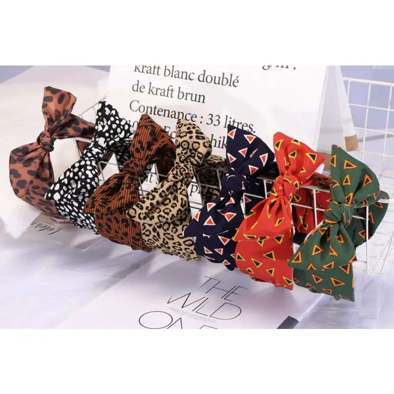

Korean Minimalist Women Wide Headband Large Bowknot Leopard Geometric Triangle Print Hair Hoop Cloth Wrapped Styling Headpiece