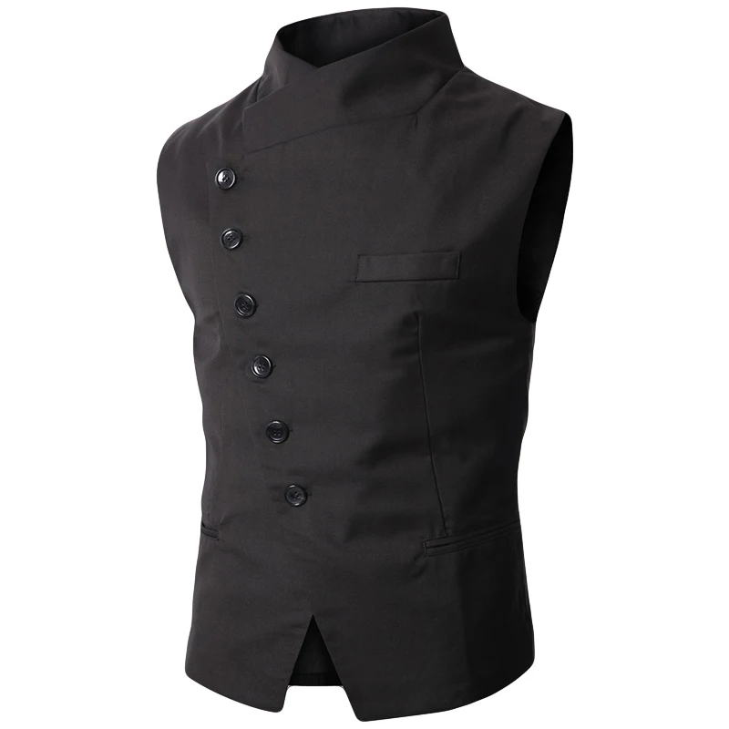 Mandarin Collar Design Suit Vest Men Bevel Closure Black Gray Slim Fit