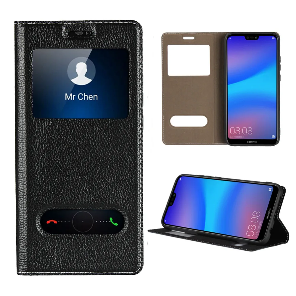 

LUCKBUY For Huawei Nova 3 Ultra Thin Flip Cover Case Dual Window View Stand Genuine Leather Phone Case for Huawei P20 Lite Nova3