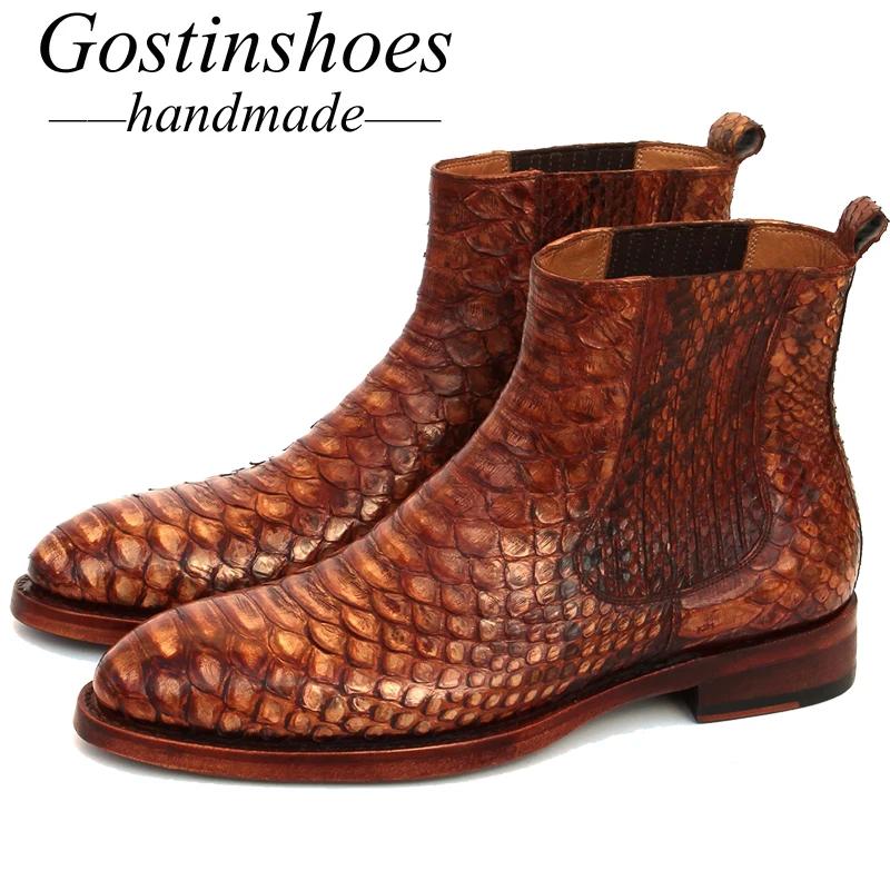 GOSTINSHOES HANDMADE Goodyear Welted Luxury Men Boots Brown Genuine Snakeskin Chelsea Ankle Boots Red Leather Outsole SCF2
GOSTINSHOES HANDMADE Goodyear Welted Luxury Men Boots Brown Genuine Snakeskin Chelsea Ankle Boots Red Leather Outsole SCF2