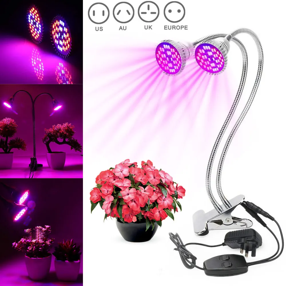 

60W 2000LM Dual Head LED Grow Lamp Light Desk Clip Flexible Gooseneck Full Spectrum for Indoor Plants US/EU/UK/AU Plug--M25