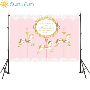 

Sunsfun unicorn theme birthday party backdrop circus carnival carousel horse pink stripes background photography photo shooting