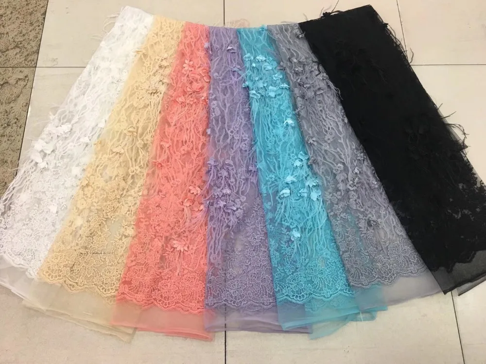 Французский шнурок ткани перо Кружева 3D цветы puntilla elastica off white бежевый Африки