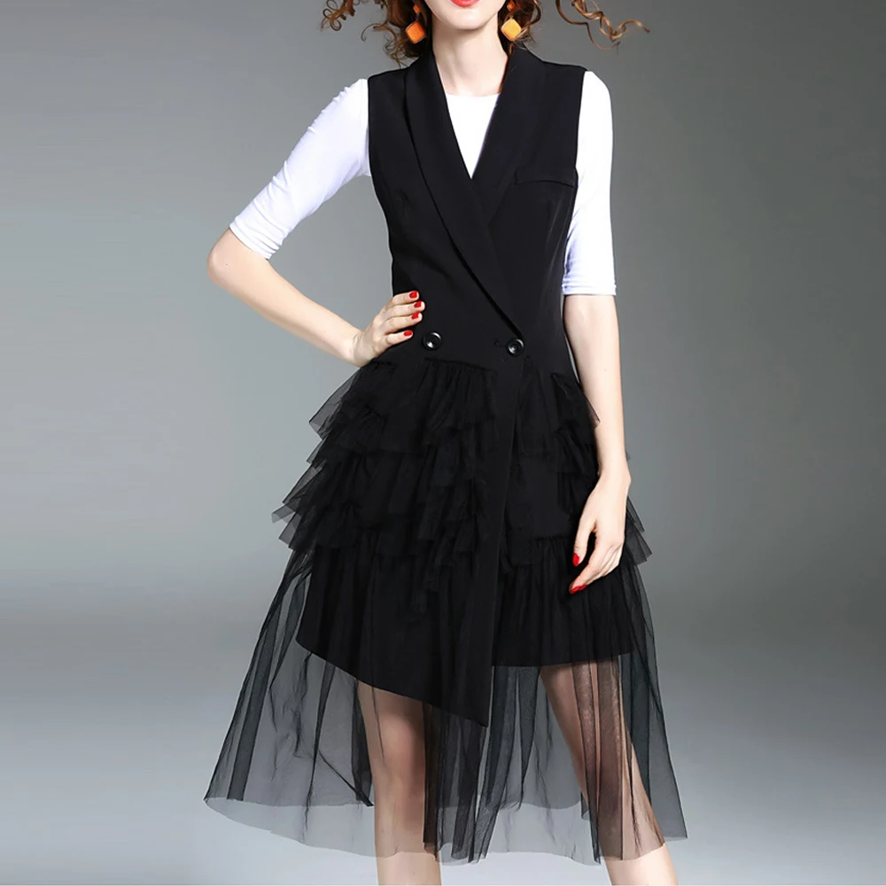 Black Spring Elegant Sleeveless Vest Dress Women Mesh dress Patchwork