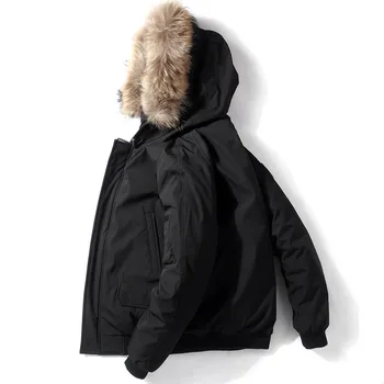 

QUANBO New Short Men Down jacket Winter Thick Warm Youth Loose Casual Coat 90% White duck down Fashion Hooded Parkas Black