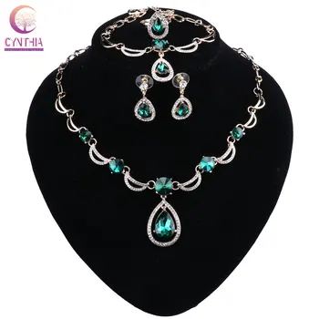 

Wedding Jewelry Set Green Crystal Necklace Earrings Bracelet Gift for Women's Accessories Dropshipping Gold color Jewelry Set