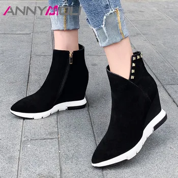 

ANNYMOLI Real Leather Ankle Boots Women Cow Suede Rivets Wedge Heel Short Boots Zipper Extreme High Heel Shoes Lady Autumn 34-39
