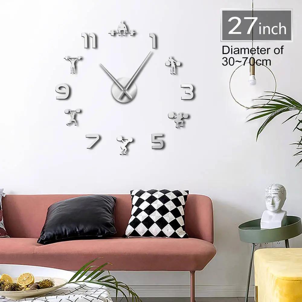 Weightlifting Fitness DIY Giant Wall Clock PowerLifting Gym Large Wall Sticker