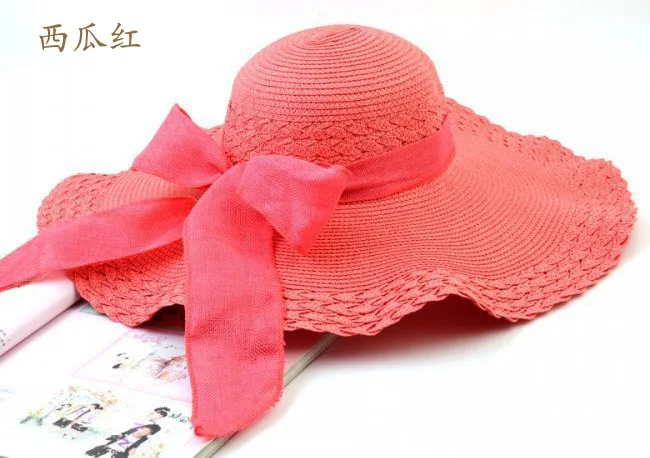 Новинка оптом и в розницу Модные женские широкие с мягкими Полями Летняя Пляжная шляпа соломенная шляпа Кепка с большим бантом - Цвет: Watermelon red