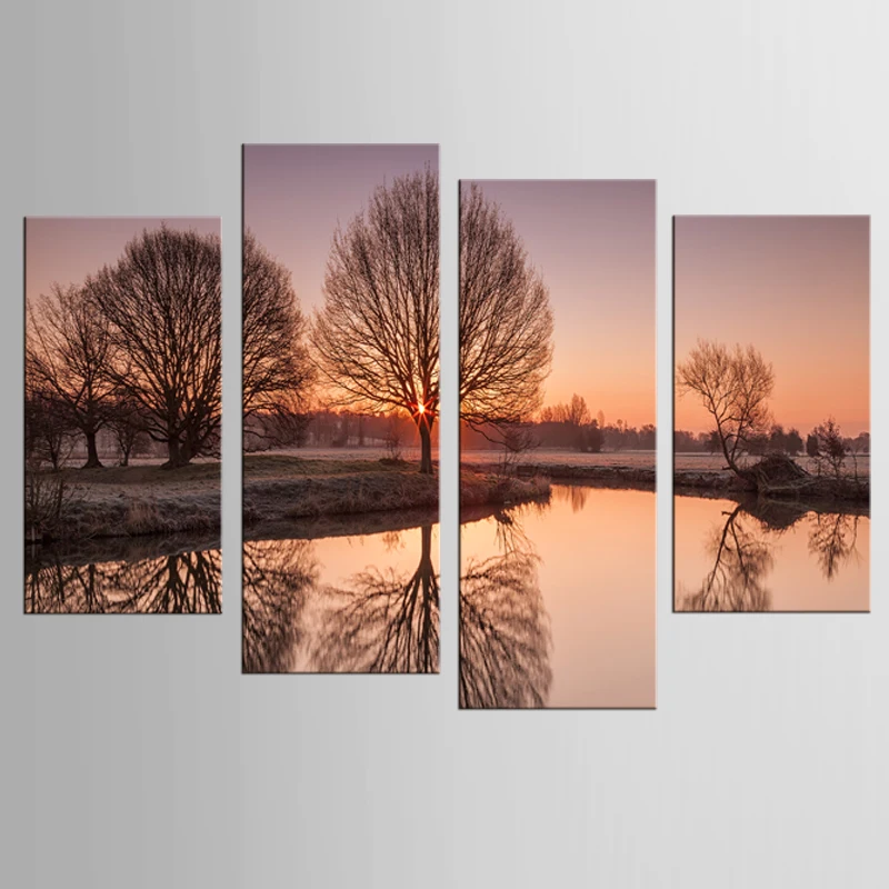 

4 panel printing tree art sunset landscape picture big canvas painting bedroom living room home wall art decoration painting