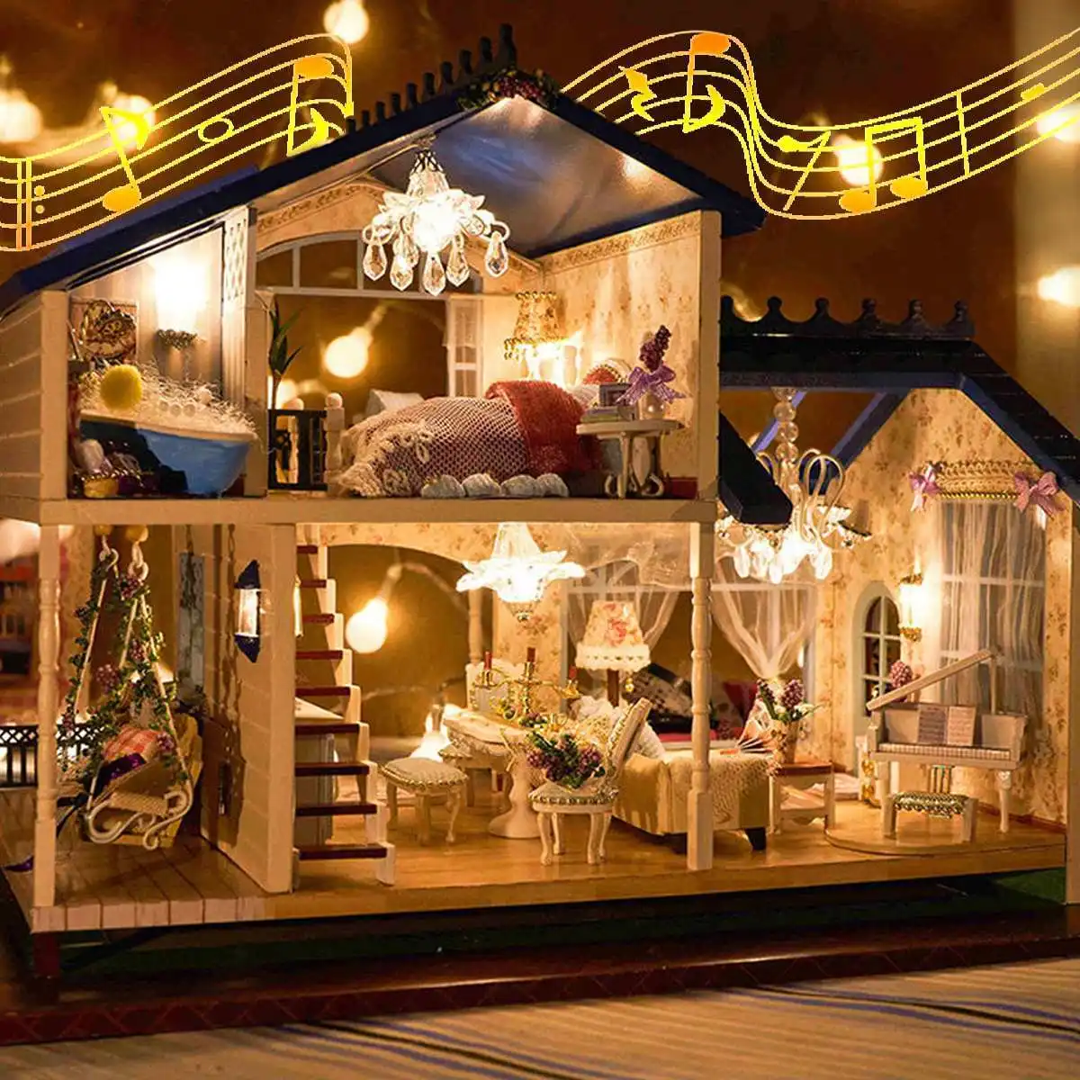 

Wood Doll House with Music LED Light Miniature Furniture Dollhouse DIY Kit Wooden Model Toy decor Birthday Christmas Gifts