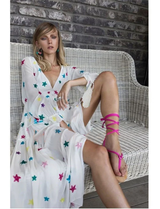 

UK 2019 Summer Women Star Embroidery Loose Bohemian V neck dress Hippie Boho People Holiday long dress Robe longue