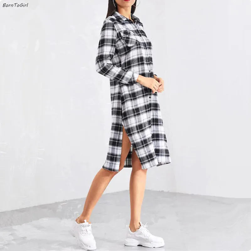 BornToGirl/2019 осенне-зимнее клетчатое платье-рубашка в клетку женское Повседневное