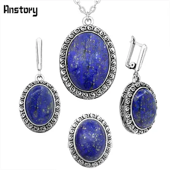 

Oval Lapis Lazuli Jewelry Sets Vintage Necklace Earrings Rings Jewelry Sets For Women Snail Pendant Party Gift