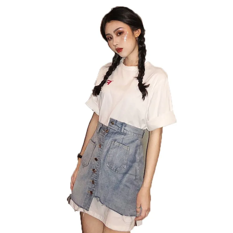 

2019 Summer New Women Letter Print Long T-Shirt Dress+Irregular Single Breasted Denim Mini Skirt Two Piece Sets Retro Sets J116