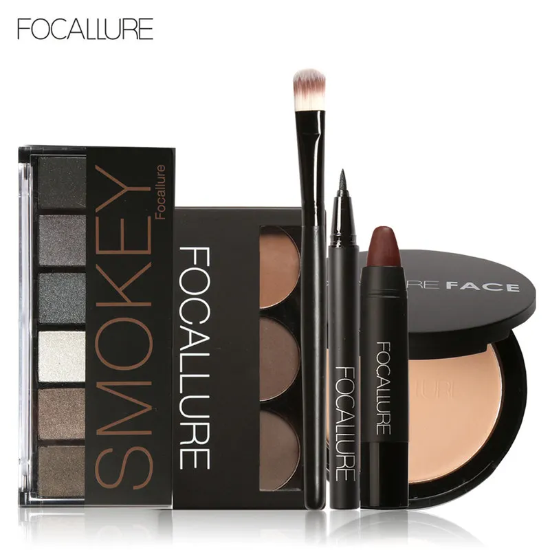 

FOCALLURE 6Pcs Pro Face Makeup Set Eyebrow Powder Palette Eyeliner Eyeshadow Palette Sexy Matte Lip Sticker with 1Pcs Brush