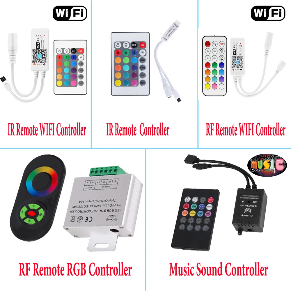 

LED WIFI Controller RGB Controler 24Key IR RF Remote Control 5Key 18A RGB Music Sound Light Controller For RGB LED Strip