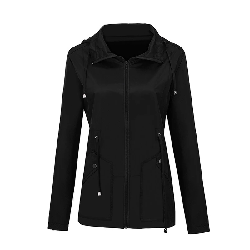 CALOFE женские повседневные куртки размера плюс, одноцветная ветрозащитная непромокаемая ветровка, пальто с капюшоном, осенние женские куртки на молнии - Цвет: black