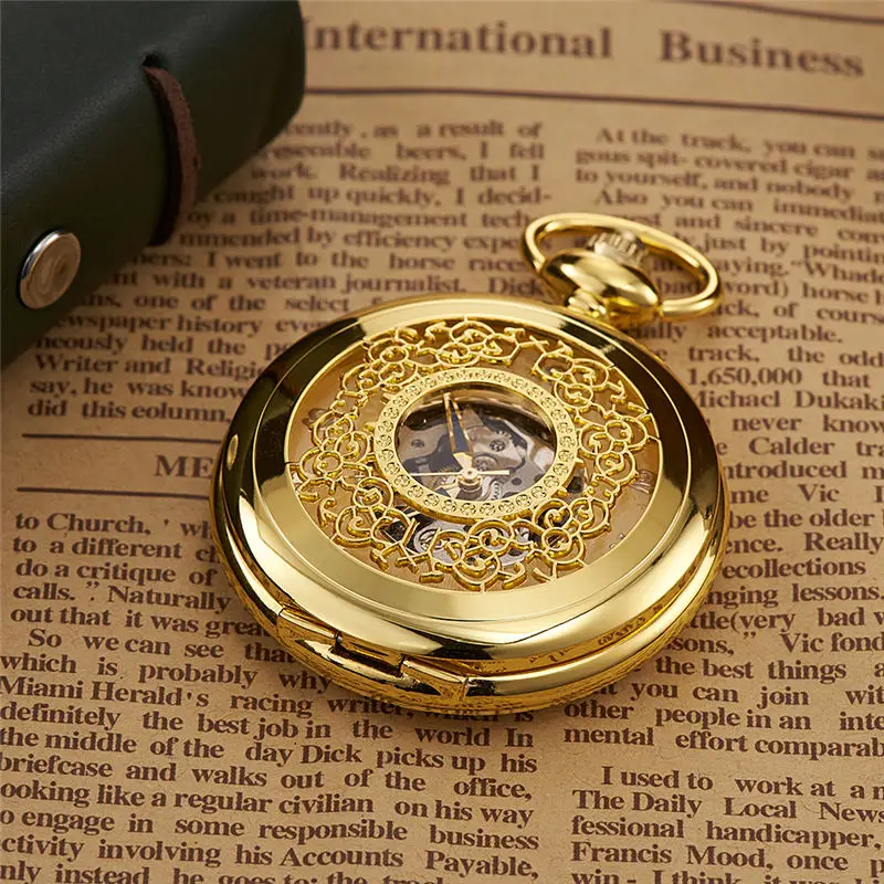 Luxury Retro Golden Hollow Skeleton Mechanical Pocket Watch Mens Fob Chain Steel Exquisite Sculpture Women Men 1