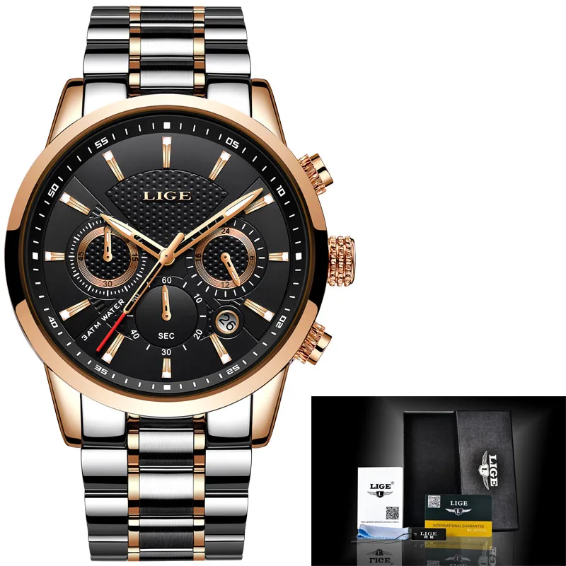 Часы Relogios LIGE, мужские Модные Спортивные кварцевые часы, мужские часы, лучший бренд класса люкс, все стальные бизнес водонепроницаемые наручные часы - Цвет: Gold black S