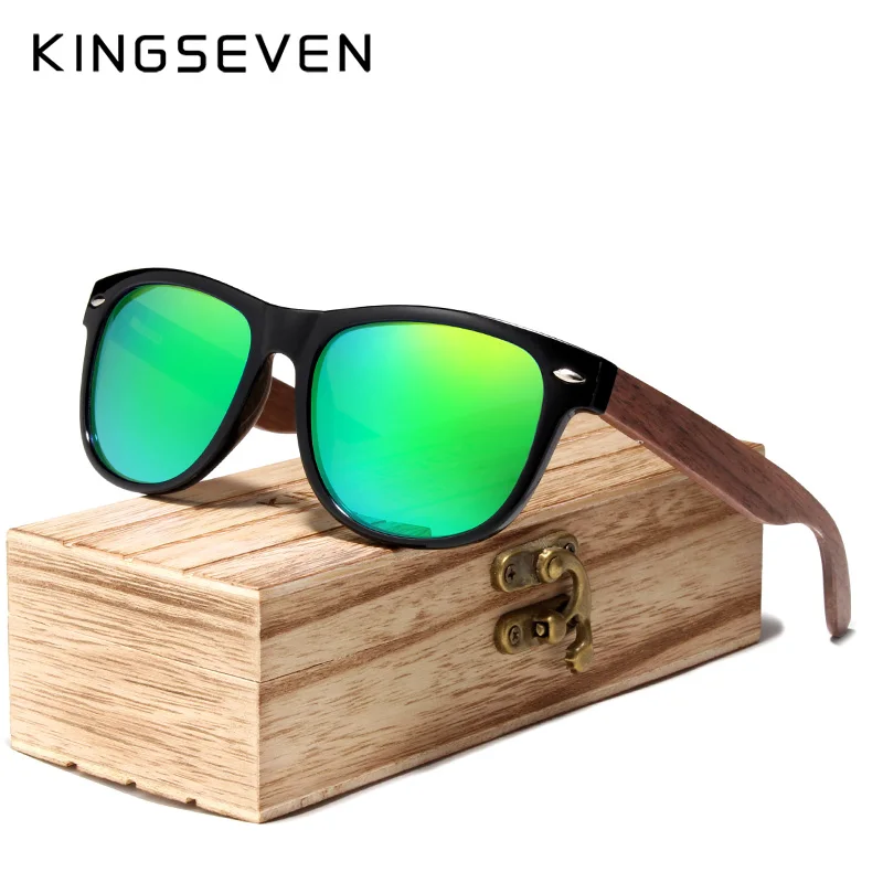 KINGSEVEN, черные солнцезащитные очки из орехового дерева, поляризационные солнцезащитные очки, мужские очки с защитой от ультрафиолета, с деревянной коробкой, Oculos de sol
