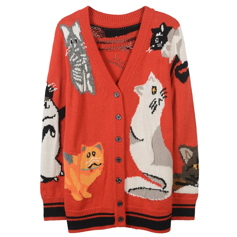 Buy Women Knitted Sweater Cartoon Cats Jacquard Knit