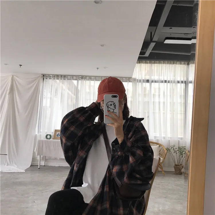Harajuku Outono Xadrez Seção Fina lã Cardigan Coreano Puff Manga Magro Camisa Quente Jaqueta Retro Casual Feminino Botão Superior 2019 18 Cheap Blusas e Camisas
