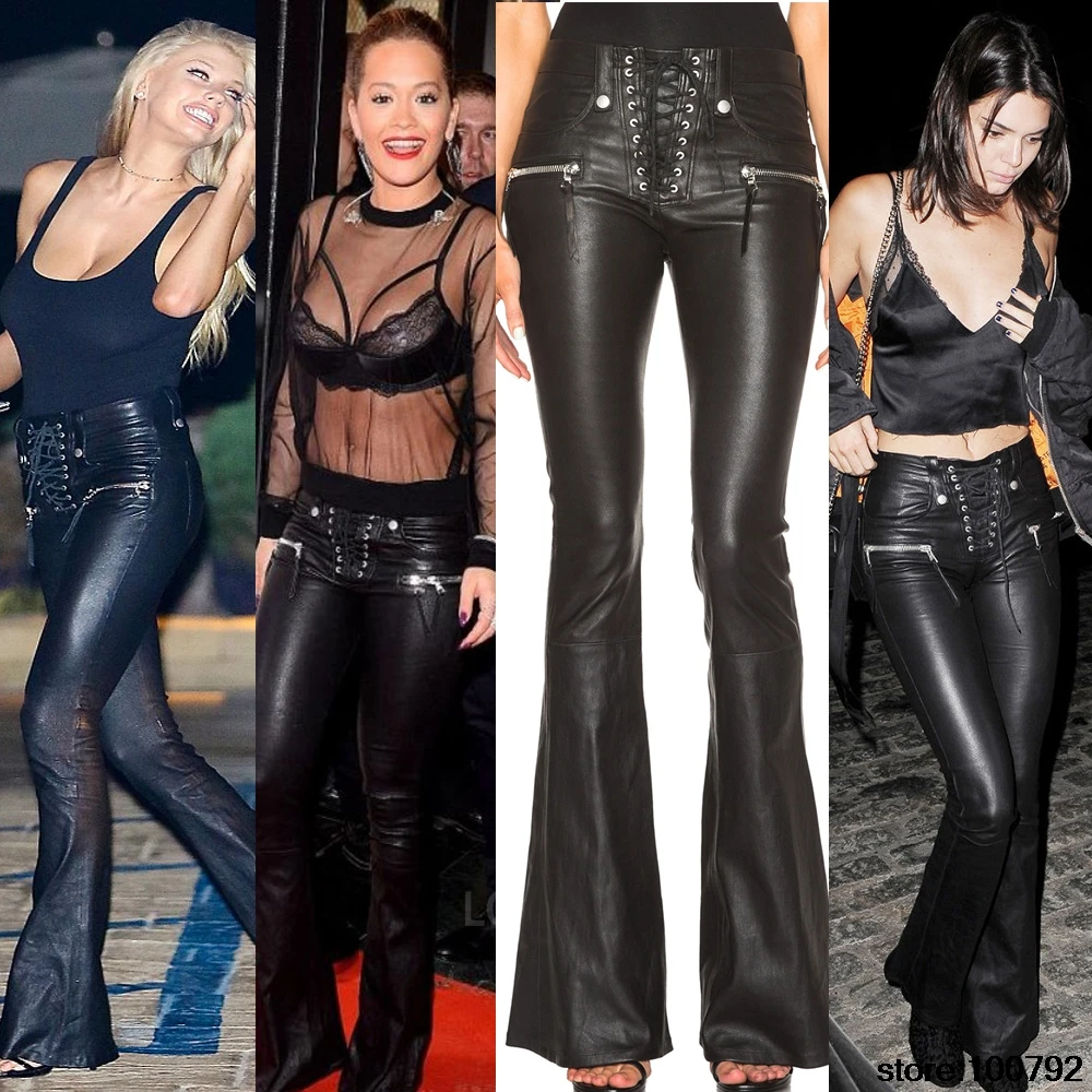 

2017 New Celebrity Punk Lace Up Faux Leather Flare Pant Clothing Women Steampunk Gothic Rock Flared Faux Leather Pants Trousers