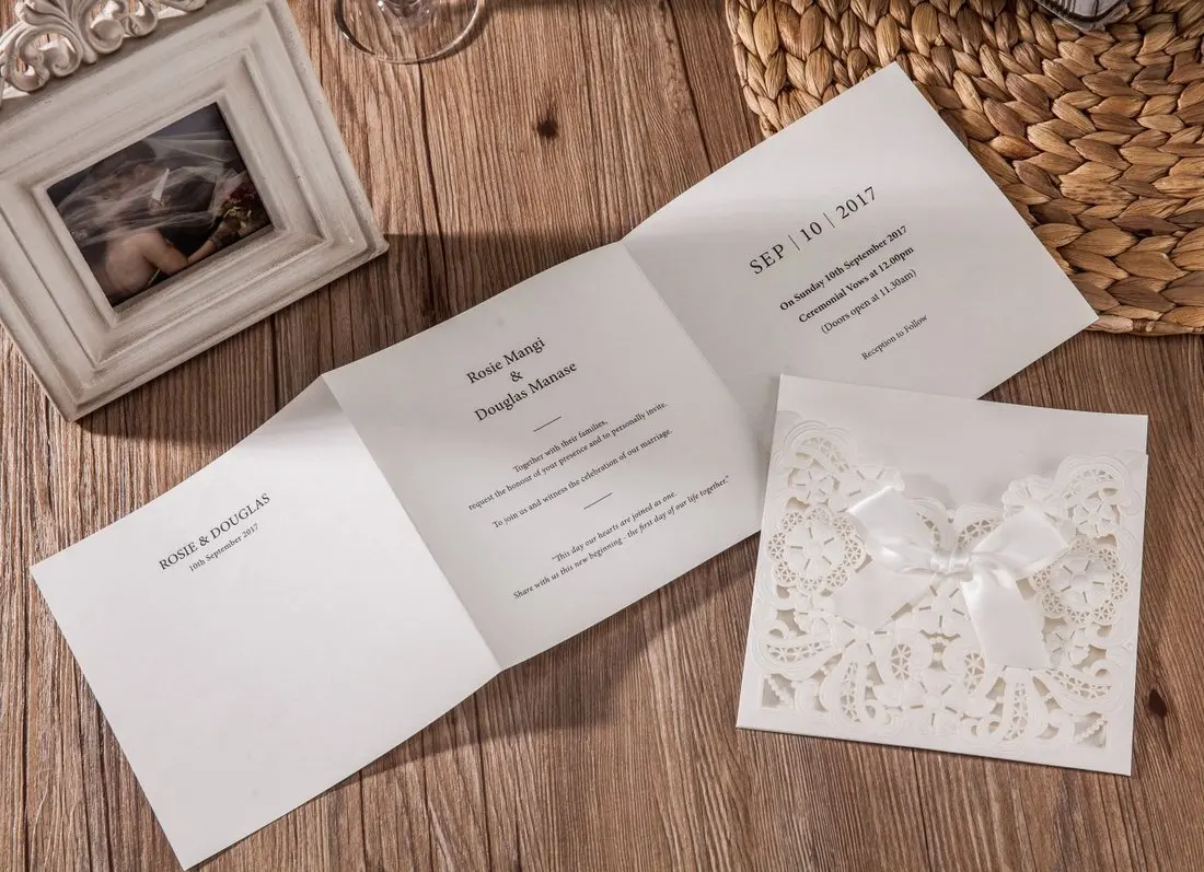  White Laser Cut Wedding Invitations Ribbon Wedding Cards Birthday Card Matched with RSVP & Thank Yo - 32989080991