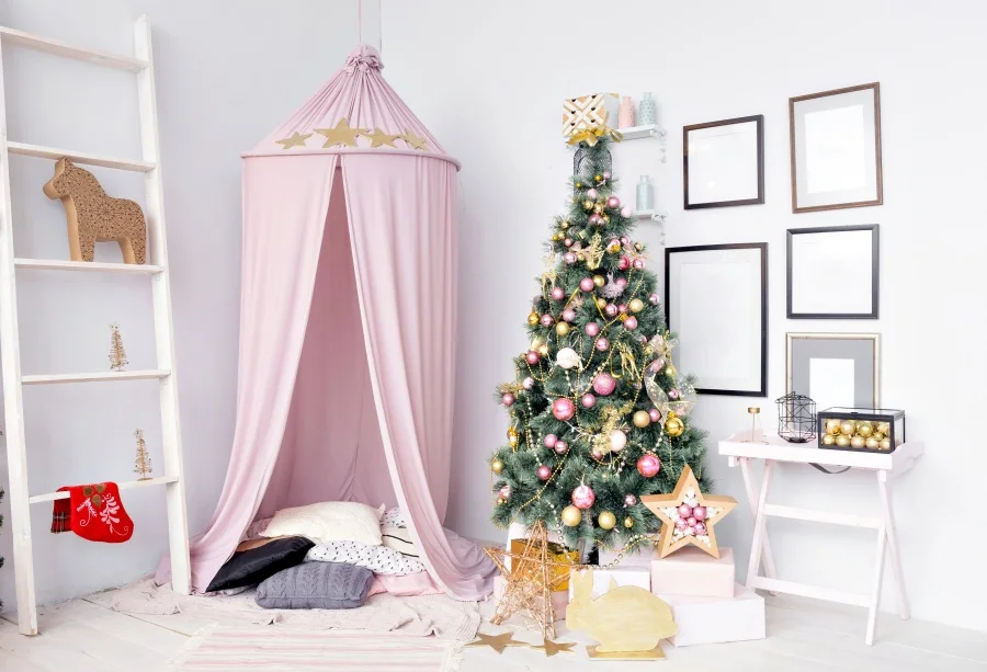 

Laeacco Christmas Tree Baby Room Tent Gift Scene Photography Backgrounds Customized Photographic Backdrops Wall For Photo Studio