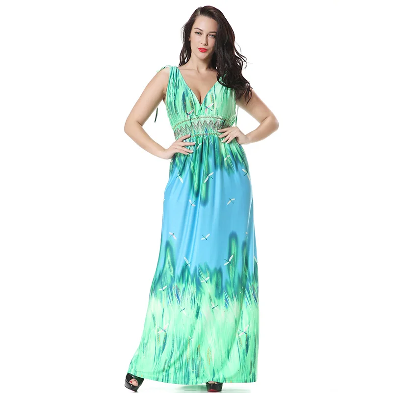 

Fresh Green Print 6xl Casual Plus Size Women Maxi Dresses XL-7XL Summer Vestidos Big Size 5XL Slim Waist Sleeveless V-neck 4XL