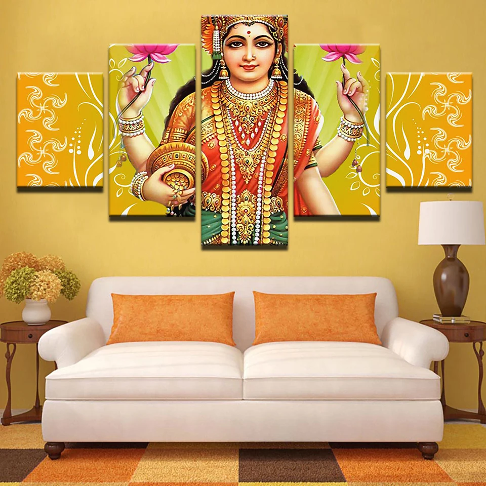 

2017 5 Piece India Goddess Of Wealth Lakshmi Painting HD Printed Pictures Canvas Living Room Wall Art Free Shipping