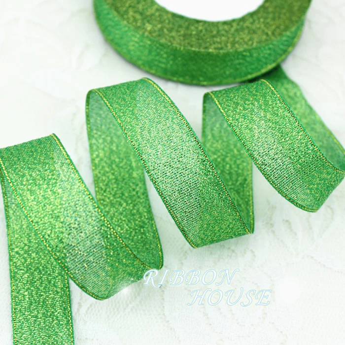 

(25 yards/roll) 3/4'' (20mm) Green Metallic Glitter Organza Ribbon Colorful gift package wedding ribbons wholesale