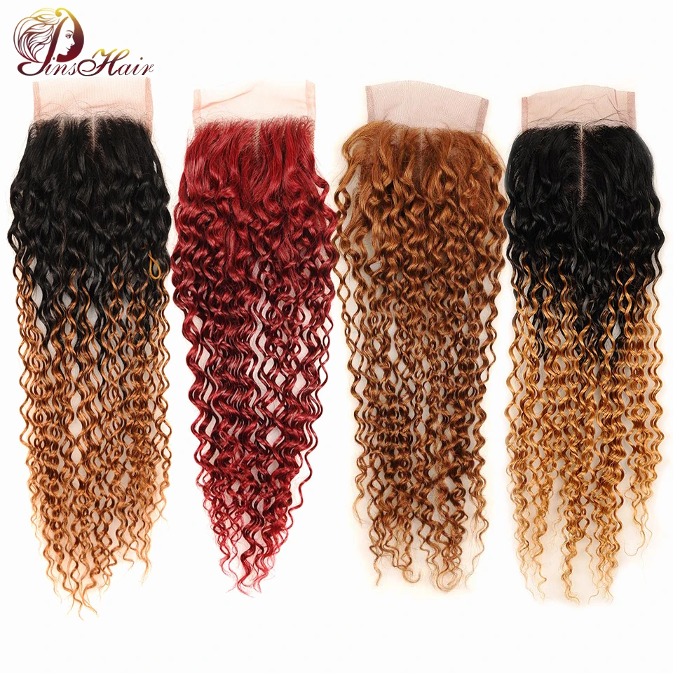

Brazilian Afro Kinky Curly Closure 4*4 Middle Part Ombre Lace Closure Human Hair Weave Pinshair Nonremy Hair Red/Burgundy/Blonde