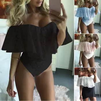 

Women's Off Shoulder Bodysuit Ruffles Lace V-neck Romper Leotard Tops