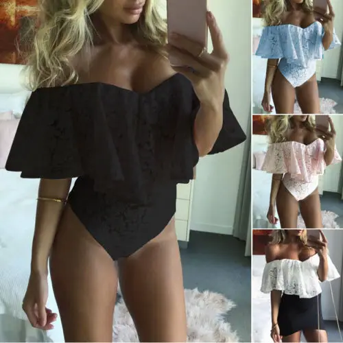 المرأة معطلة الكتف الكشكشة الرباط الرقبة رومبير bodysuit يوتار أعلى