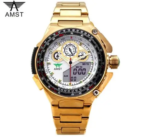 

AMST Brand Quartz Watch for men Analog Digital LED Gold Business watches gold stainless steel waterproof clock 3010