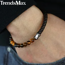 Женские мужские коричневые браслеты из натуральной кожи натуральный камень тигровый глаз браслет из бисера мужские ювелирные изделия магнитная застежка 6 мм KDLB113