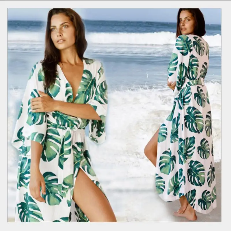 

STOCK Print Ties Front 3/4Sleeve Beach Kimono,Beach Cover Up,Kimono Dress