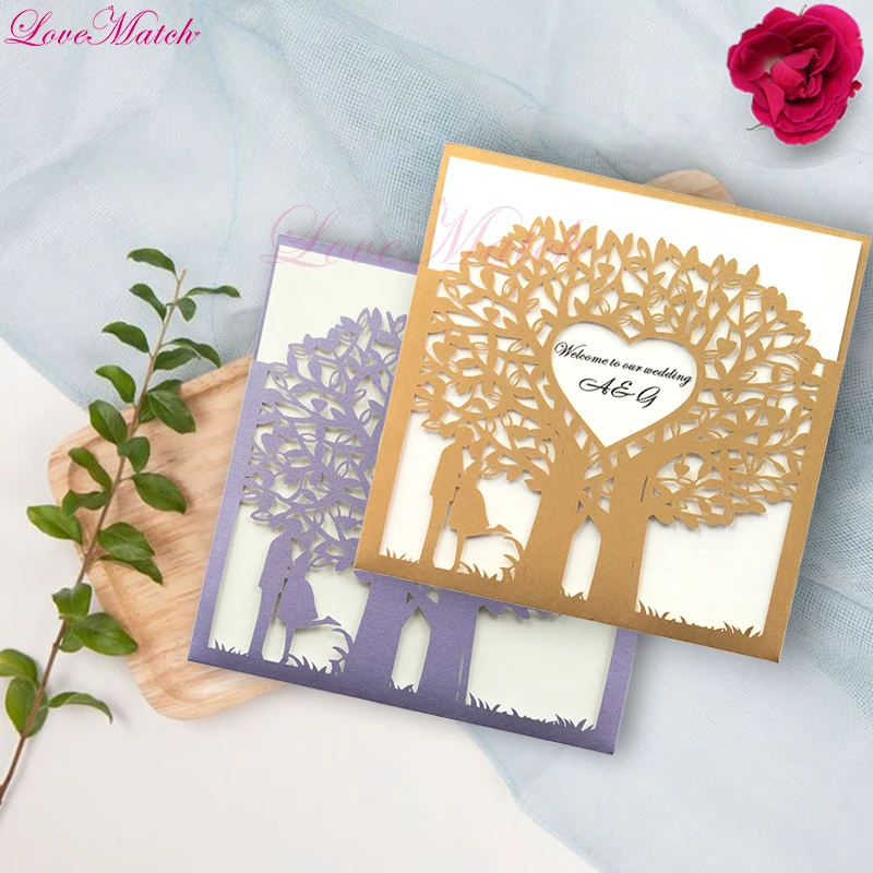 50pcs/lot Laser Cut Lovers Tree Heart Invitation Card for Wedding Guest Greedting Cards Can Be Customized Party Supplies |