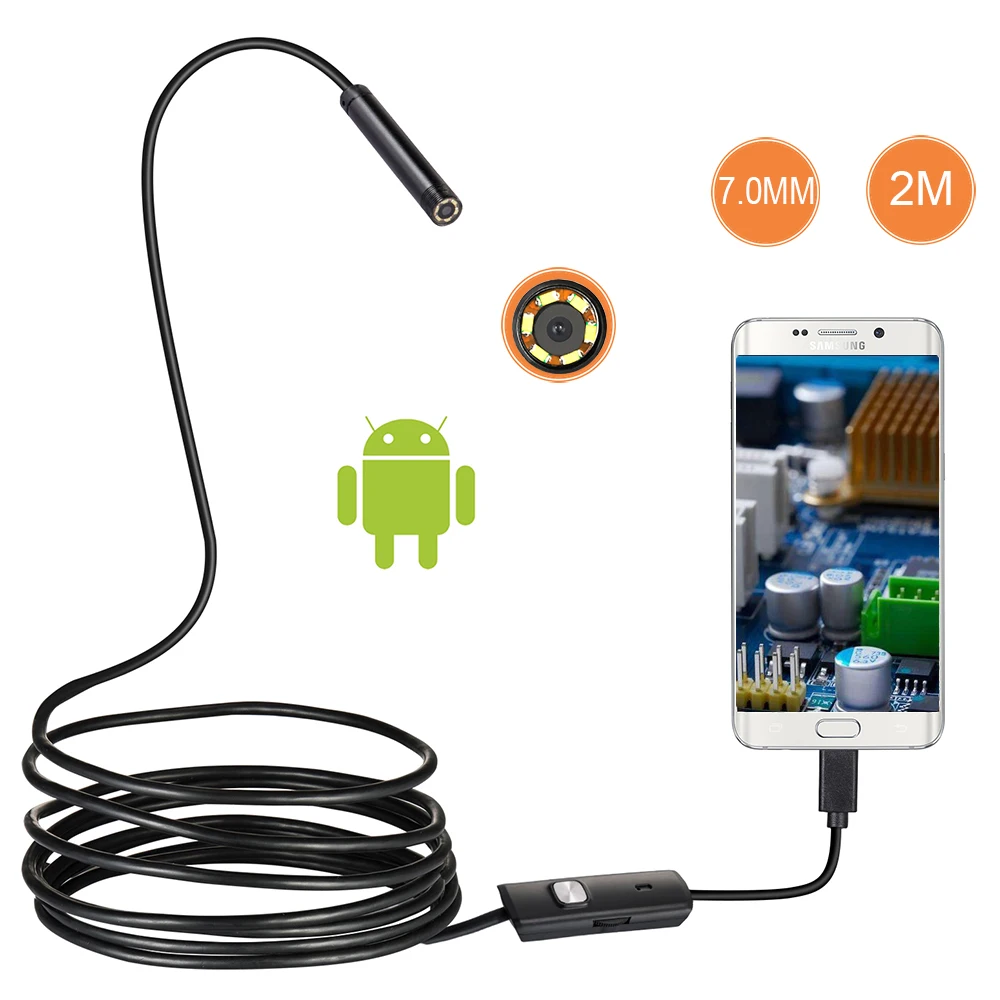 

7mm Lens Android OTG USB Endoscope Camera 2M Smart Android Phone USB Borescope Inspection Snake Tube Camera 6LED