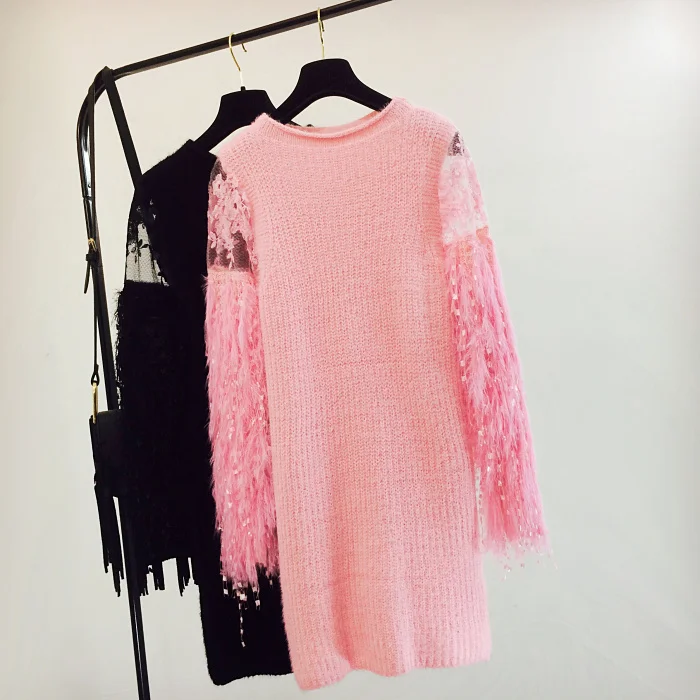 Осень зима женские вязаные длинные свитера фонарь с кисточкой с длинным рукавом Элегантный женский Вязанный свитер - Цвет: Розовый